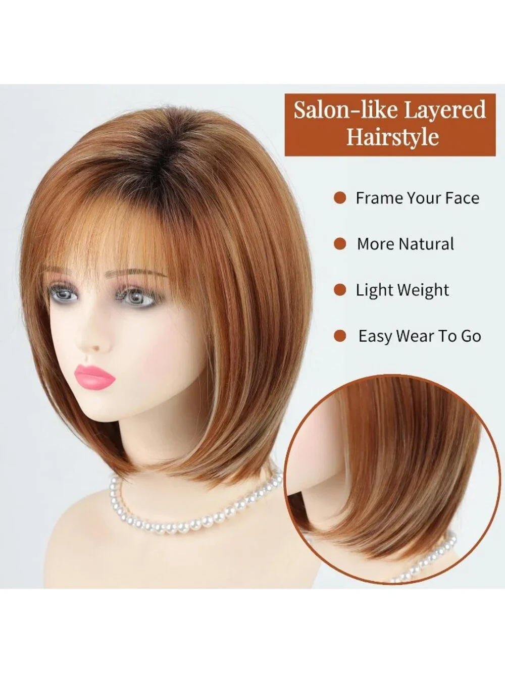 Women's Auburn Orange 12 Inch Mid Length Heat Synthetic Straight Layered Bob Wig